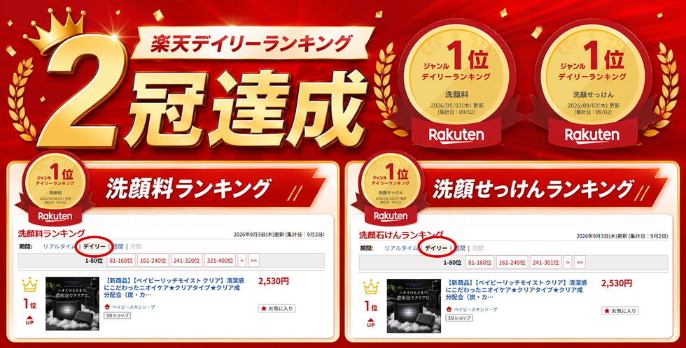 【新商品】新発売記念\1200円OFF!/【ベイビーリッチモイスト クリア】★楽天市場総合1位獲得★清潔感にこだわったニオイケア★クリアタイプ★クリア成分配合(炭・カキタンニン・チャ葉エキス・ミョウバン)さっぱりなのにつっぱらない!洗顔 全身に【メール便】送料無料